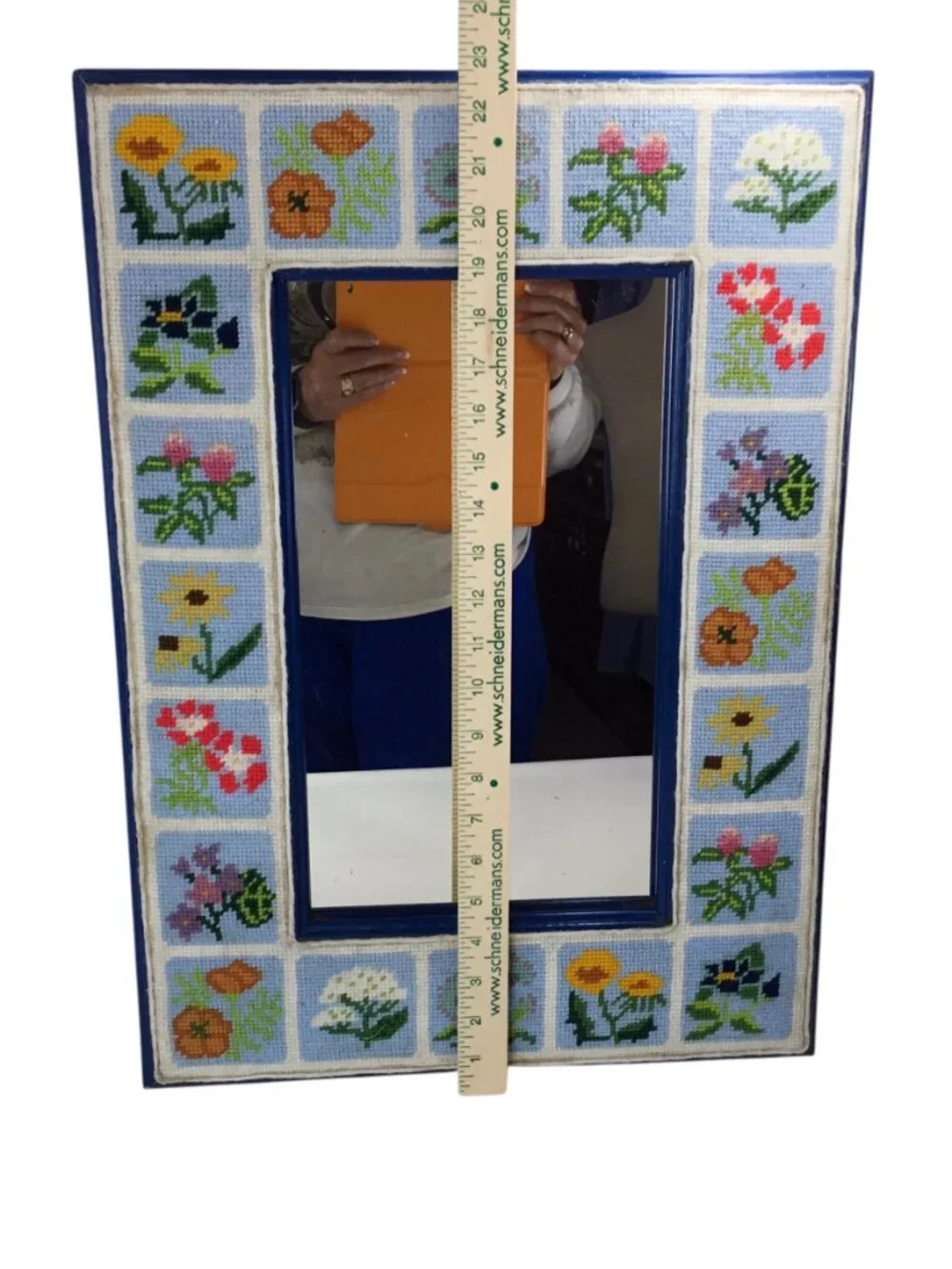 Vtg Finished Framed Needlepoint Wall Mirror Flowers Floral 23 x 16.5 Handmade